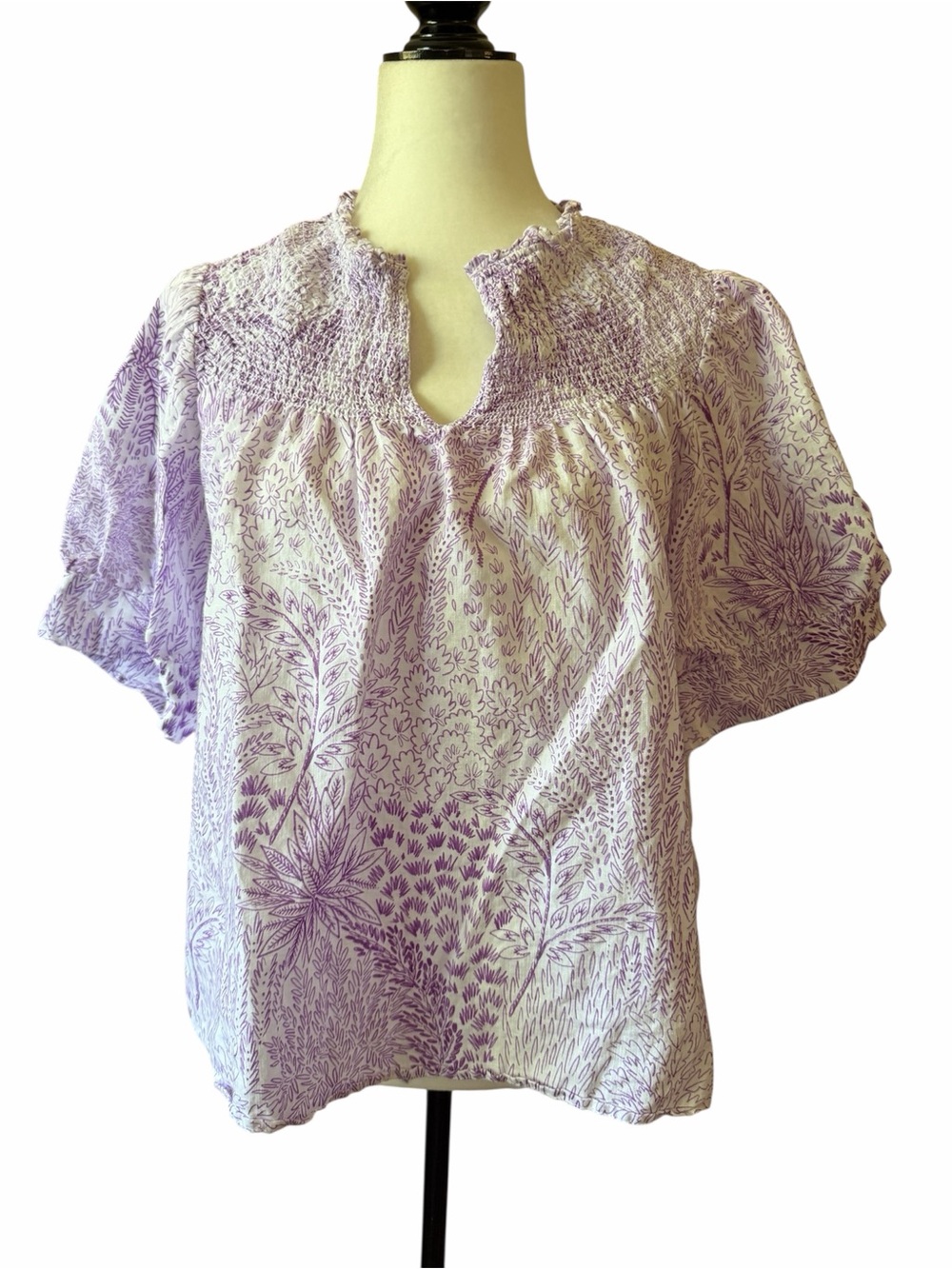 Talbots Lavender Floral Smocked Yoke Puff Sleeves Blouse US L
